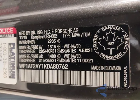 2019 Porsche Cayenne Turbo из США, поврежденный, VIN WP1AF2AY1KDA80762